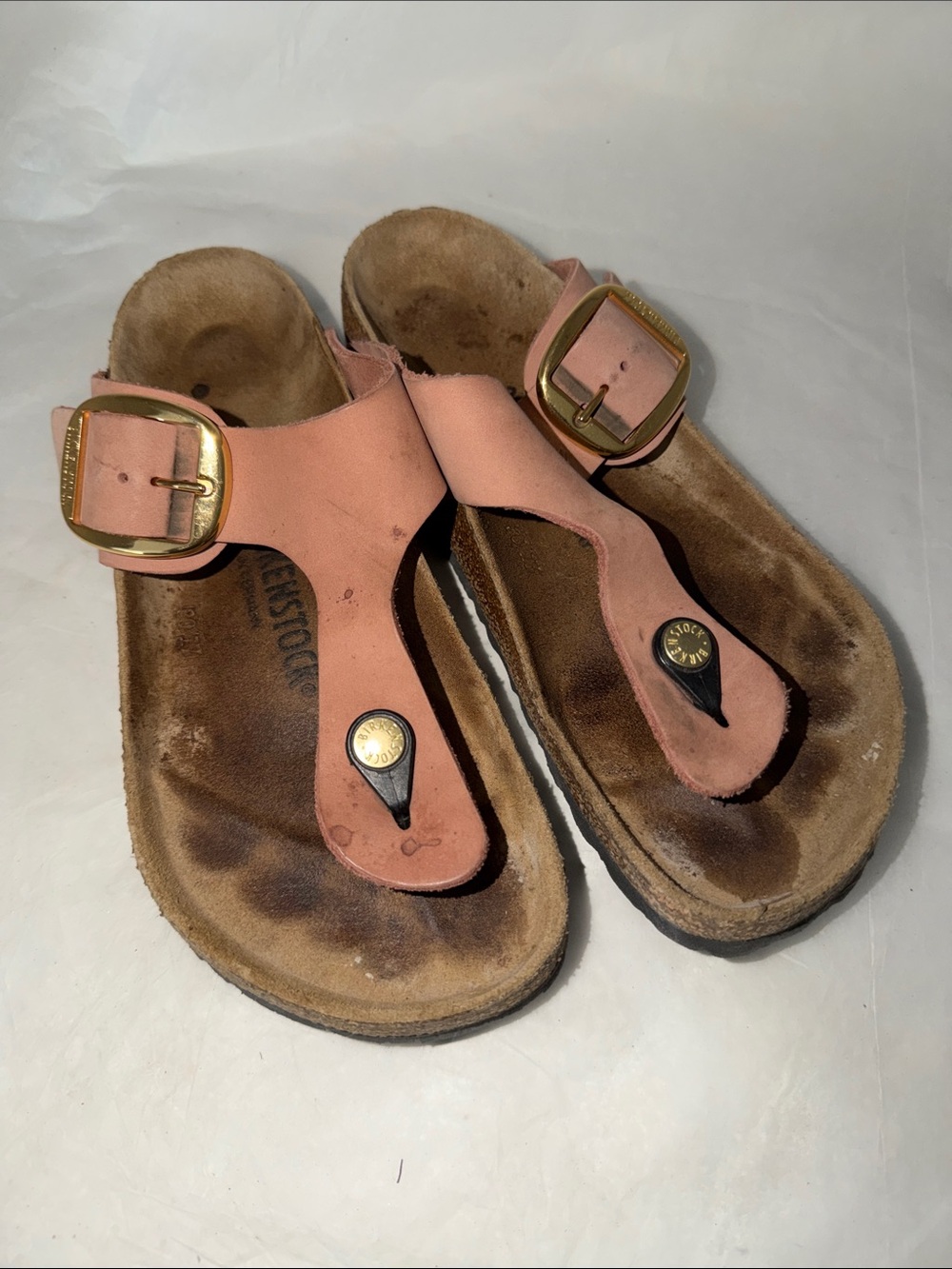 Women's Pink Toe-Post Cork Footbed Sandals with Gold Buckles size 38